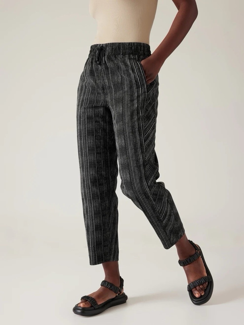Athleta Arrival Amara Striped Black Ankle Pants —Casual Drawstring